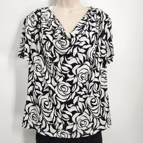 MSK Pullover Top Women's Size XL Blk & White Floral Short Sleeve Draped Neck - Picture 1 of 9